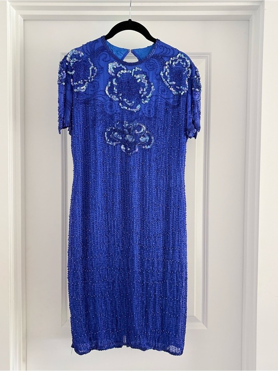 Scala Dresses & Skirts - Vintage 80s Scala Paris Blue Beaded Sequin Silk Dress Medium Cocktail Party 90s
